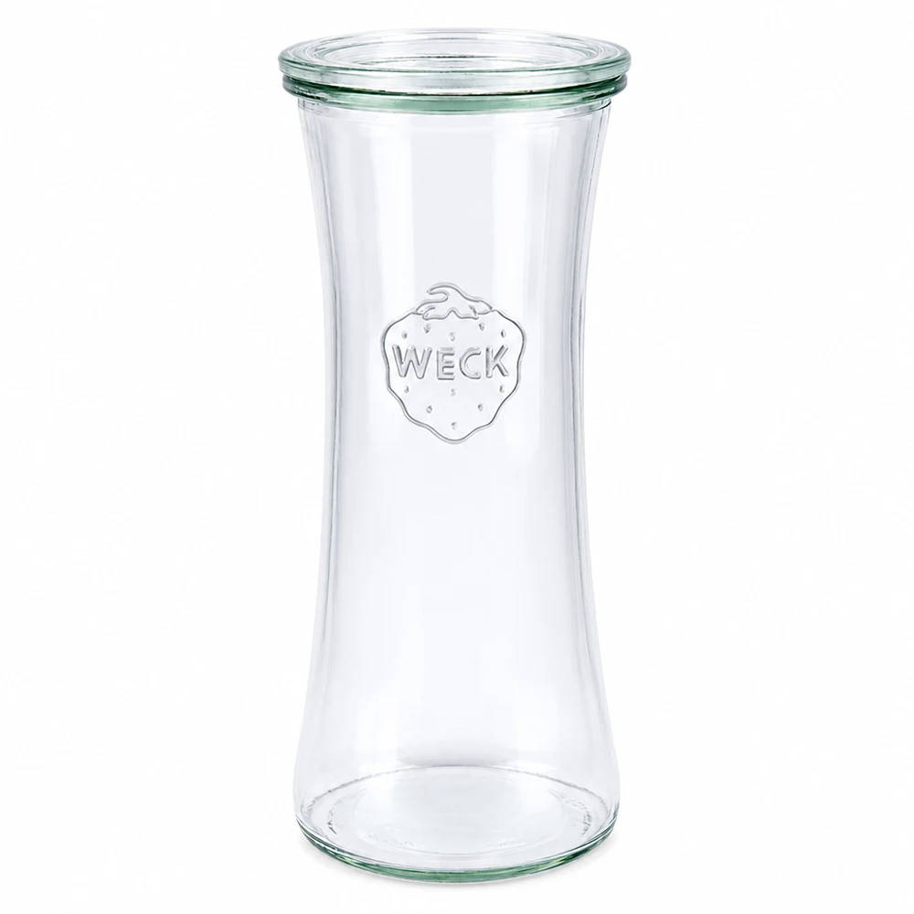 WECK delicatessen jar 700ml con tapa de cristal RR80 - tarro de conserva vacío con logotipo sobre fondo blanco