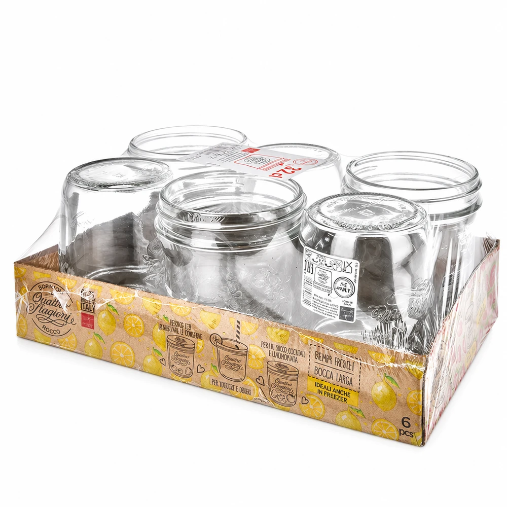 Tarro redondo "Quattro Stagioni" de 3800ml con tapa. Juego de 6 tarros de conserva Bormioli Rocco Quattro Stagioni en envase de venta con gráfico de cítricos amarillos