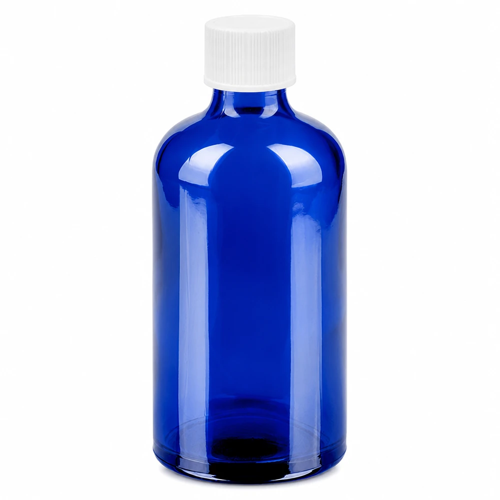 Botella de vidrio azul 100ml con tapón de rosca blanco 11mm para aceites esenciales y cosméticos