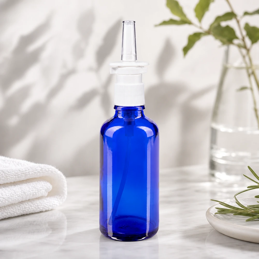 Frasco de cristal azul de 50 ml con aplicador nasal sobre mármol blanco, junto a una ramita de romero