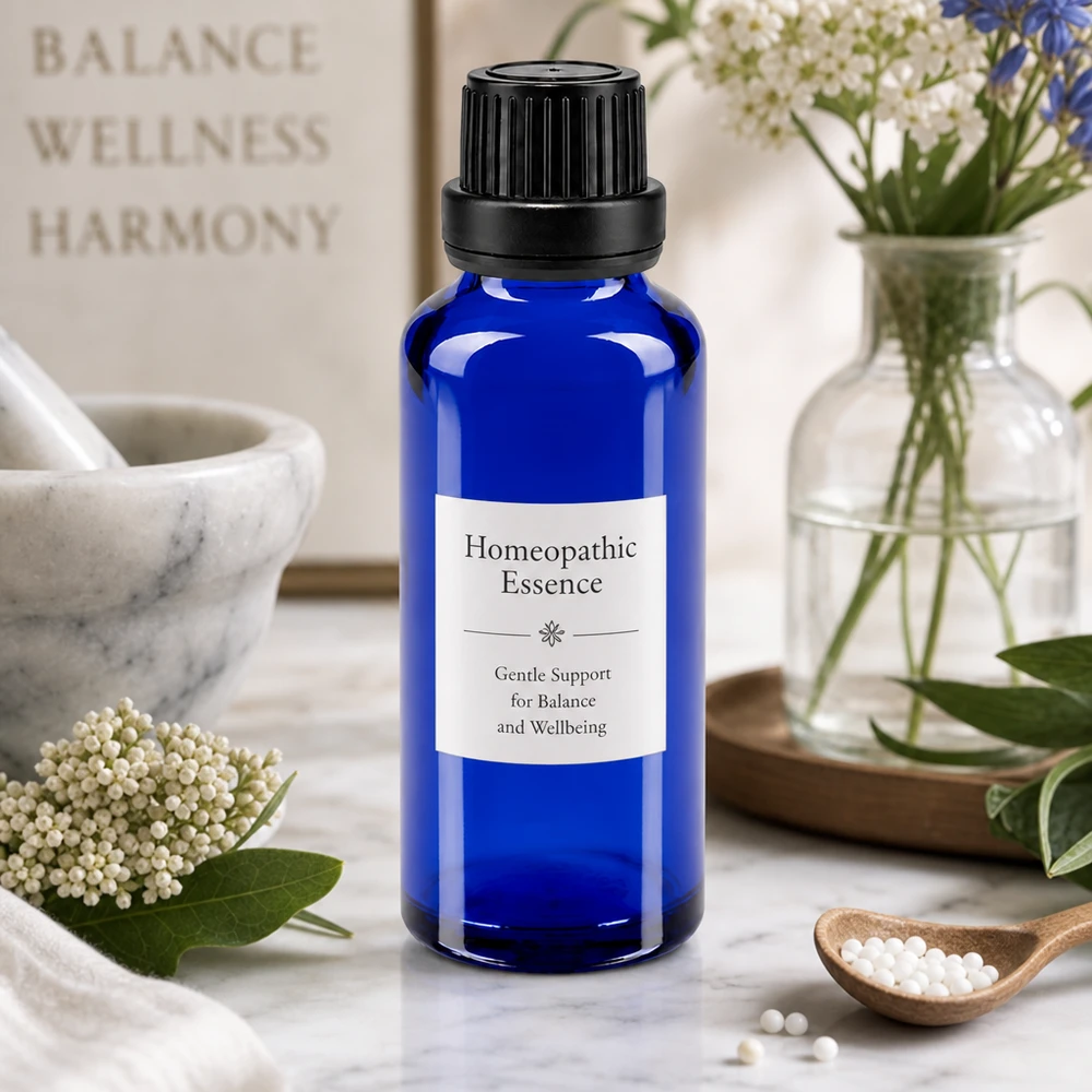 Esencia homeopática en un frasco cuentagotas azul de farmacia de 30 ml con un dosificador de 2 mm sobre una superficie de mármol