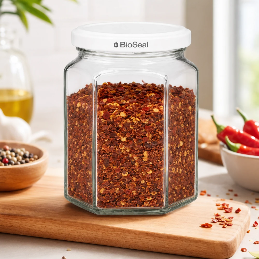 Tarro hexa de 288ml con tapa blanca BioSeal UNiTWIST UNiTWIST Hexa288 tarro de especias lleno de copos de guindilla y tapa blanca BioSeal sobre tabla de cocina con especias