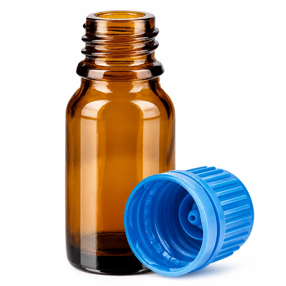 Frasco de vidrio ámbar de 10 ml con protección UV y tapón azul para líquidos sensibles a la luz
