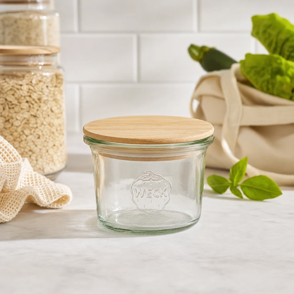 WECK mini mason jar 35ml RR40 con tapa de madera de bambú en cocina sostenible con tarros de almacenamiento y plantas verdes