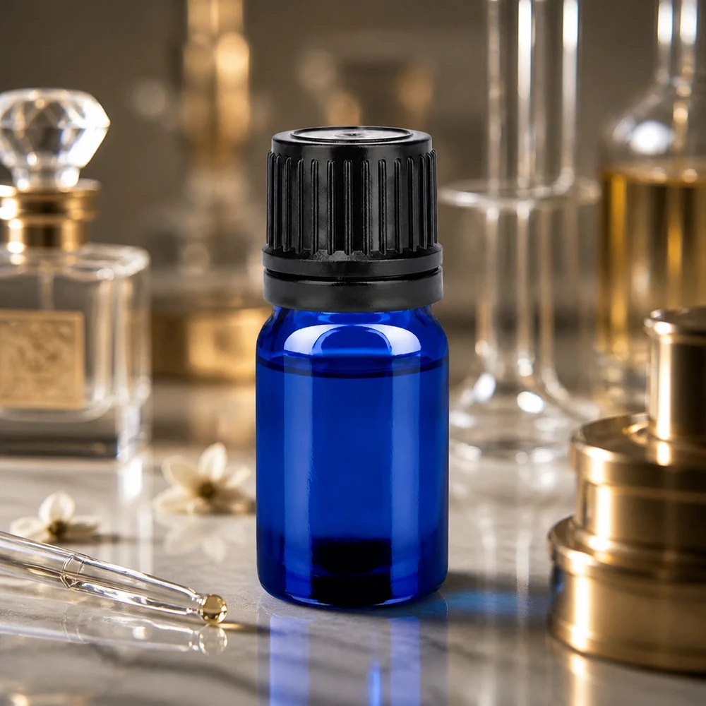 Pequeño frasco de 5 ml en elegante azul con tapón negro para una dosificación precisa