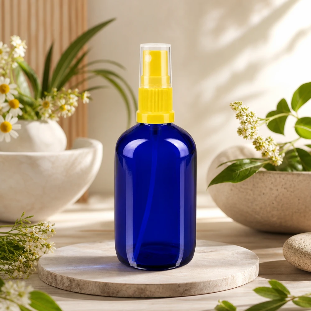 Botella de farmacia azul 100ml accesorio pulverizador amarillo Frasco de cristal azul de 100 ml con pulverizador amarillo. Protección UV gracias al cristal de cobalto para aceites esenciales.
