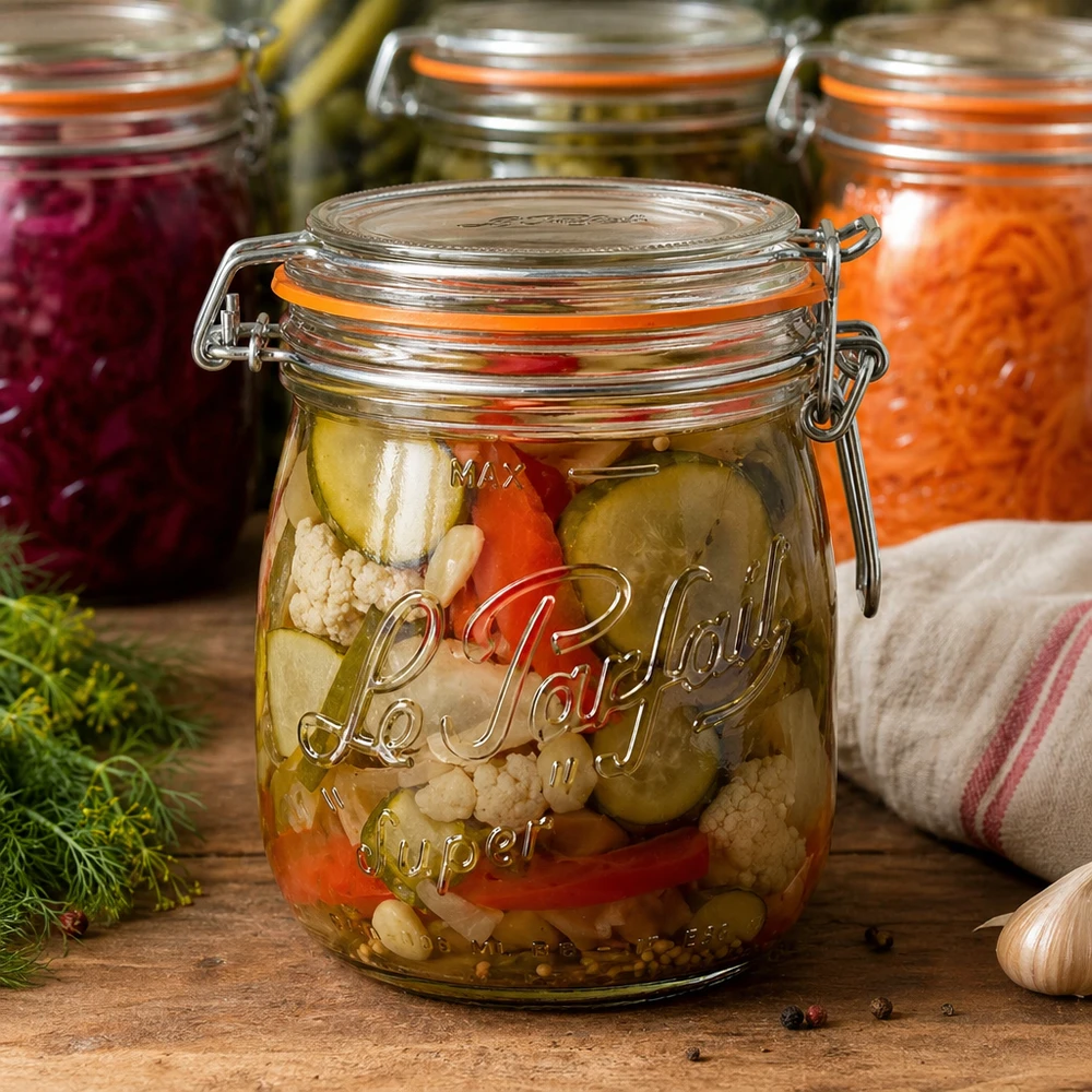 Bote Le Parfait® 750 ml Ø85 mm conserva 750ml Le Parfait Super tarro de almacenamiento con tapa oscilante lleno de verduras en escabeche sobre mesa de madera