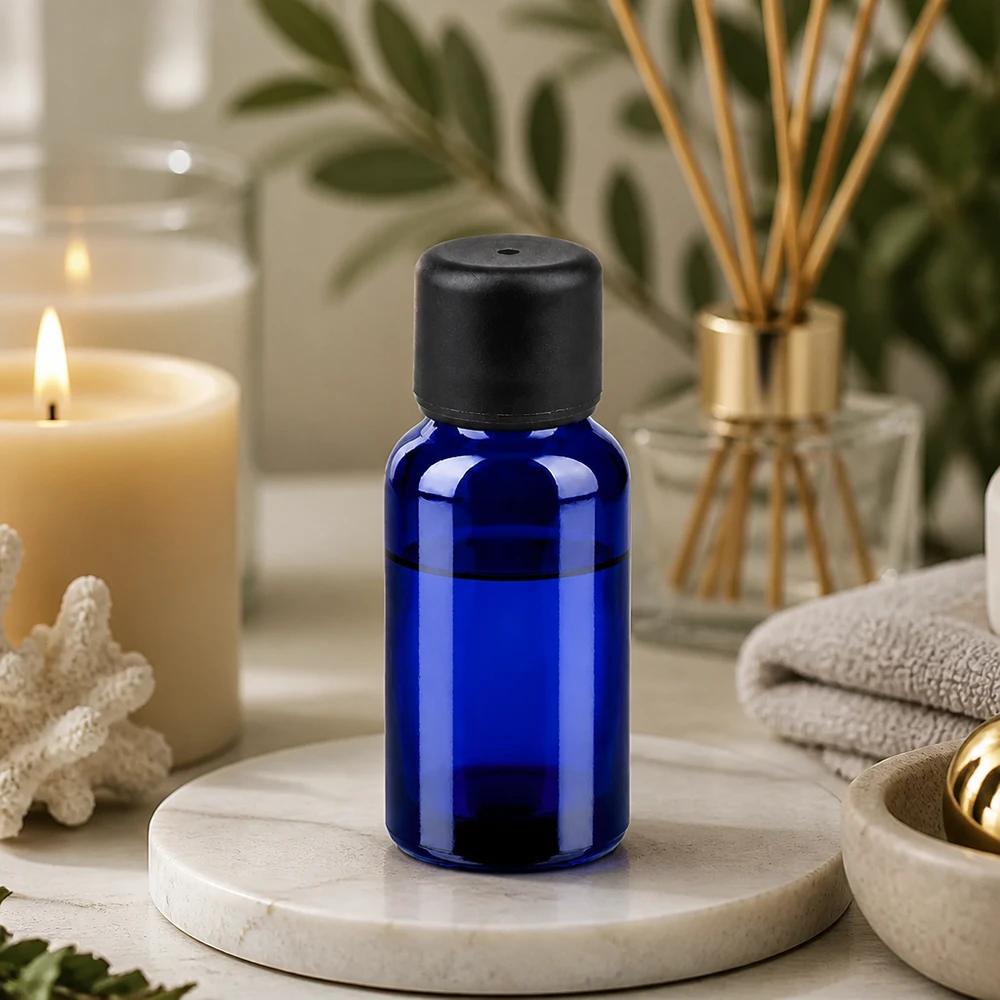 Frasco 20ml 6mm tapón rosca negro estándar BlueLine UT18/20 Elegante frasco de vidrio azul cobalto de 20 ml con tapón negro mate para aplicaciones de aromaterapia y spa