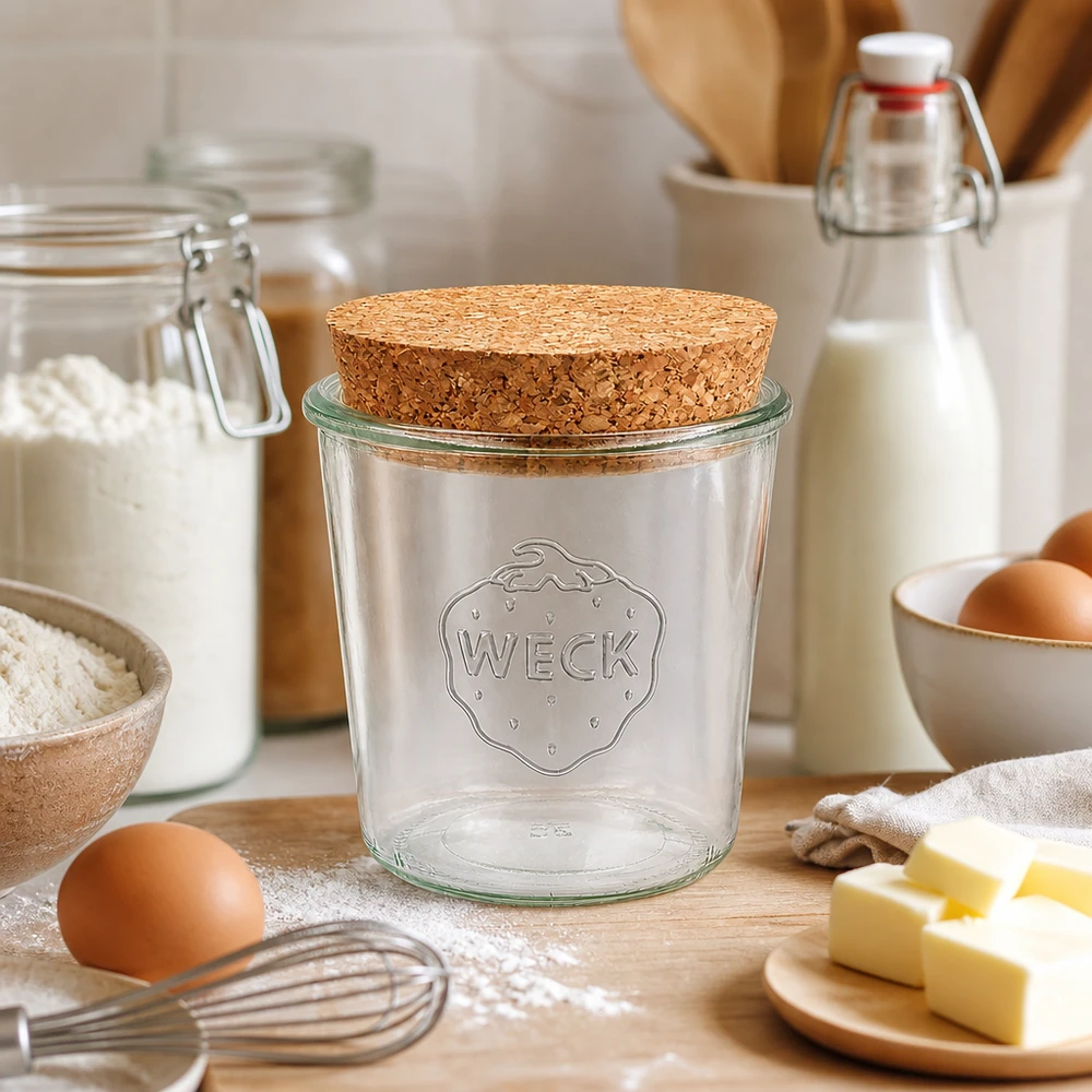 WECK 580ml RR100 mason jar con corcho natural en cocina de repostería, dispuesto entre harina, huevos, mantequilla y leche para hornear