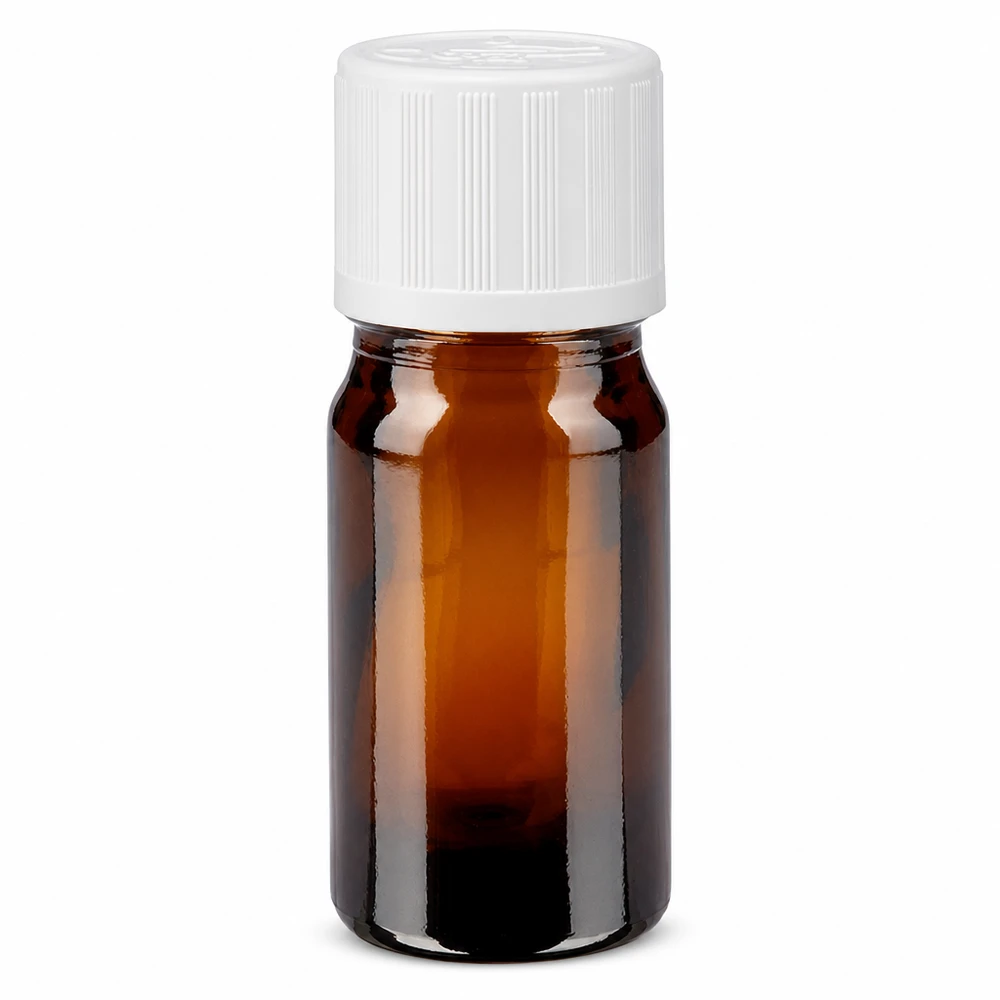 Frasco de farmacia marrón de 5 ml con tapón de seguridad para niños blanco de 11 mm, de vidrio ámbar