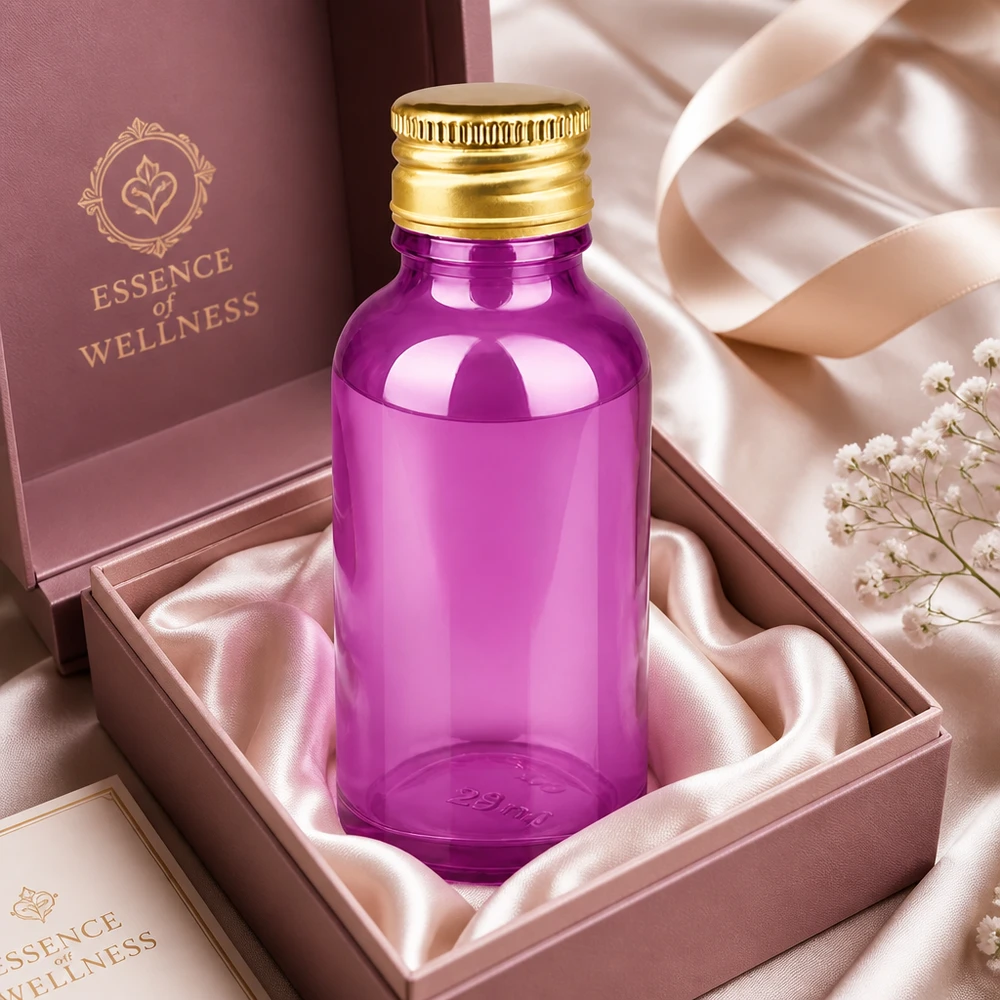 Frasco de 30ml 11mm tapón de rosca aluminio oro estándar PurpleLine. UT18/30 Frasco de vidrio premium de 30 ml en color morado con rosca UT18 y tapón de aluminio dorado para productos de bienestar