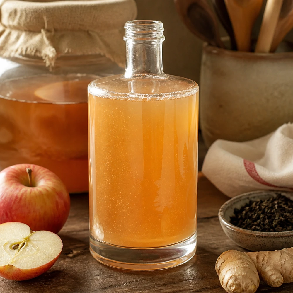 Botella de vidrio de 500 ml «Sam» sin tapón de rosca UNiTWIST® 500ml Glasflasche Sam mit hausgemachtem Kombucha befüllt neben Äpfeln und Ingwer rustikale Küchen Atmosphäre