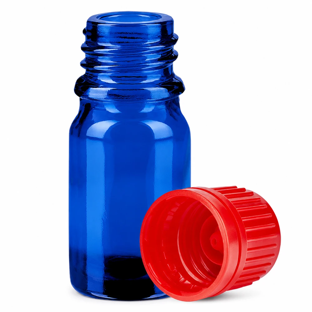 Frasco de 5 ml con tapón de rosca de 11 mm rojo con precinto de seguridad BlueLine UT18/5 Frasco de vidrio azul de 5 ml con tapón rojo de 11 mm para aceites esenciales BlueLine UT18/5