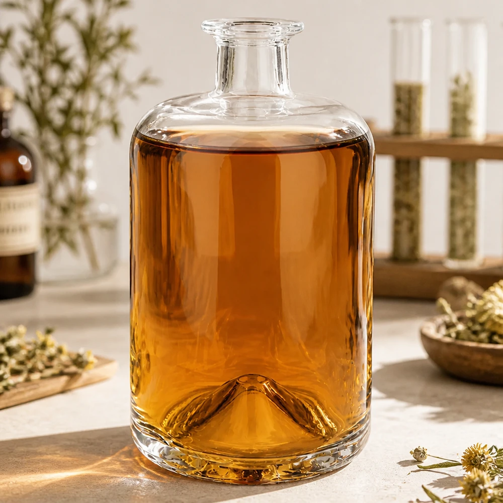 Botella de farmacia de 700 ml «Sofia» sin tapón UNiTWIST® 700ml Glasflasche Sofia mit bernsteinfarbener Flüssigkeit auf Marmortisch neben getrockneten Blüten atmosphärisch inszen