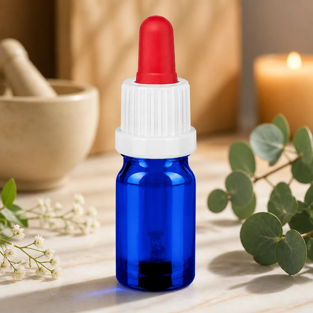 Frasco de cristal de 5 ml de alta calidad en color azul con pipeta cuentagotas para una aplicación precisa de sueros y aceites