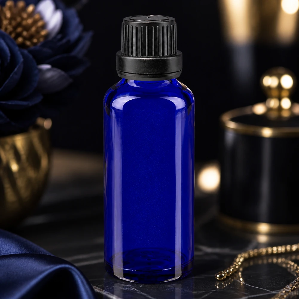 Elegante frasco de farmacia de 30 ml, de color azul cobalto, con tapón de rosca negro de 11 mm a prueba de niños