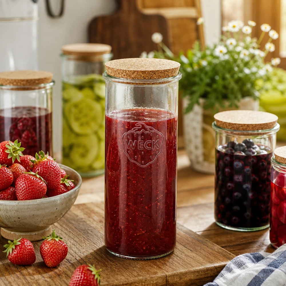 Vasos 1500ml WECK RR100 con corcho natural Tarro de conserva WECK 1500ml lleno de mermelada de fresa Ambiente de cocina Tapa de corcho natural Tarro de conserva Aplicación