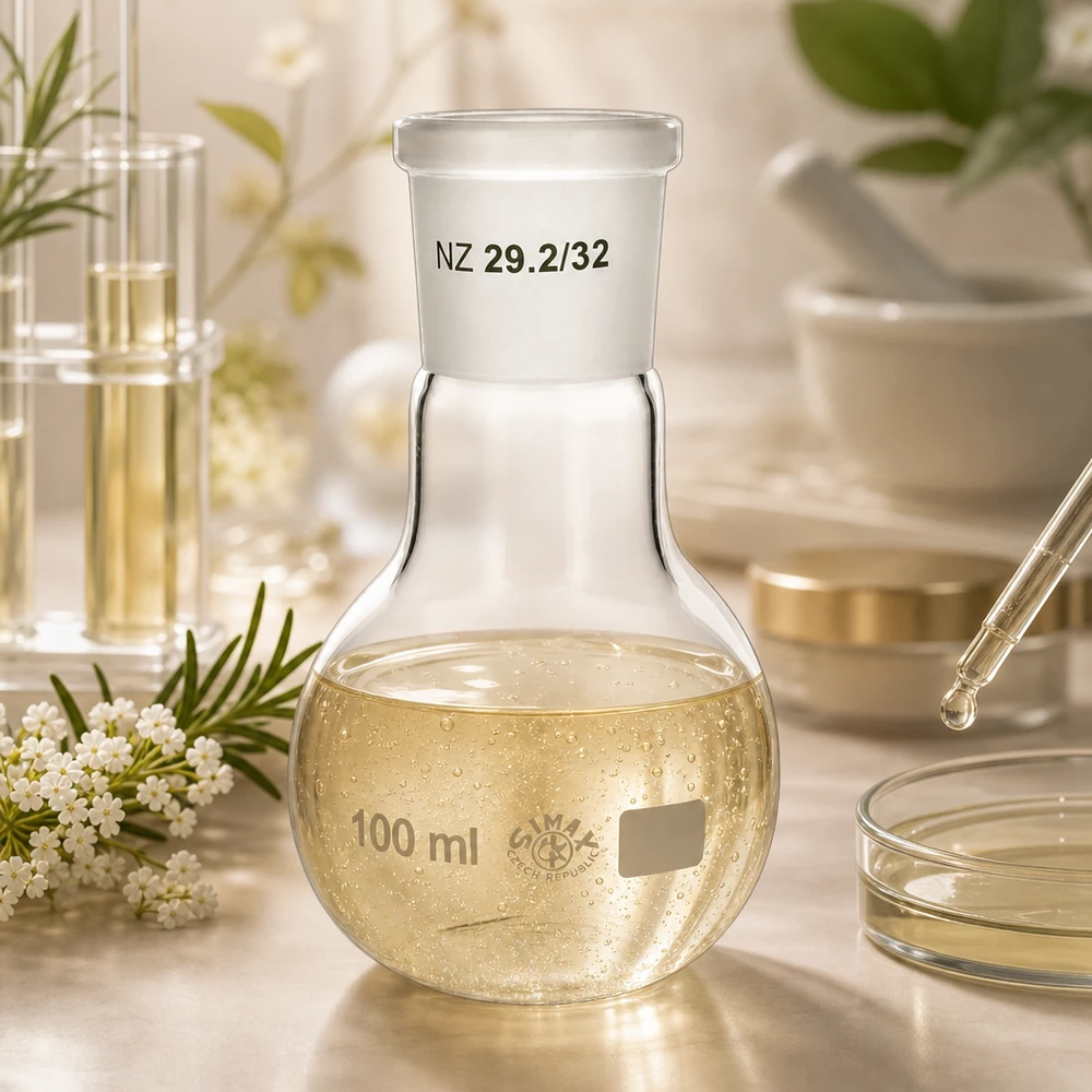 Frasco de laboratorio compacto de 100 ml con borde esmerilado mate, ideal para trabajos de síntesis en el laboratorio