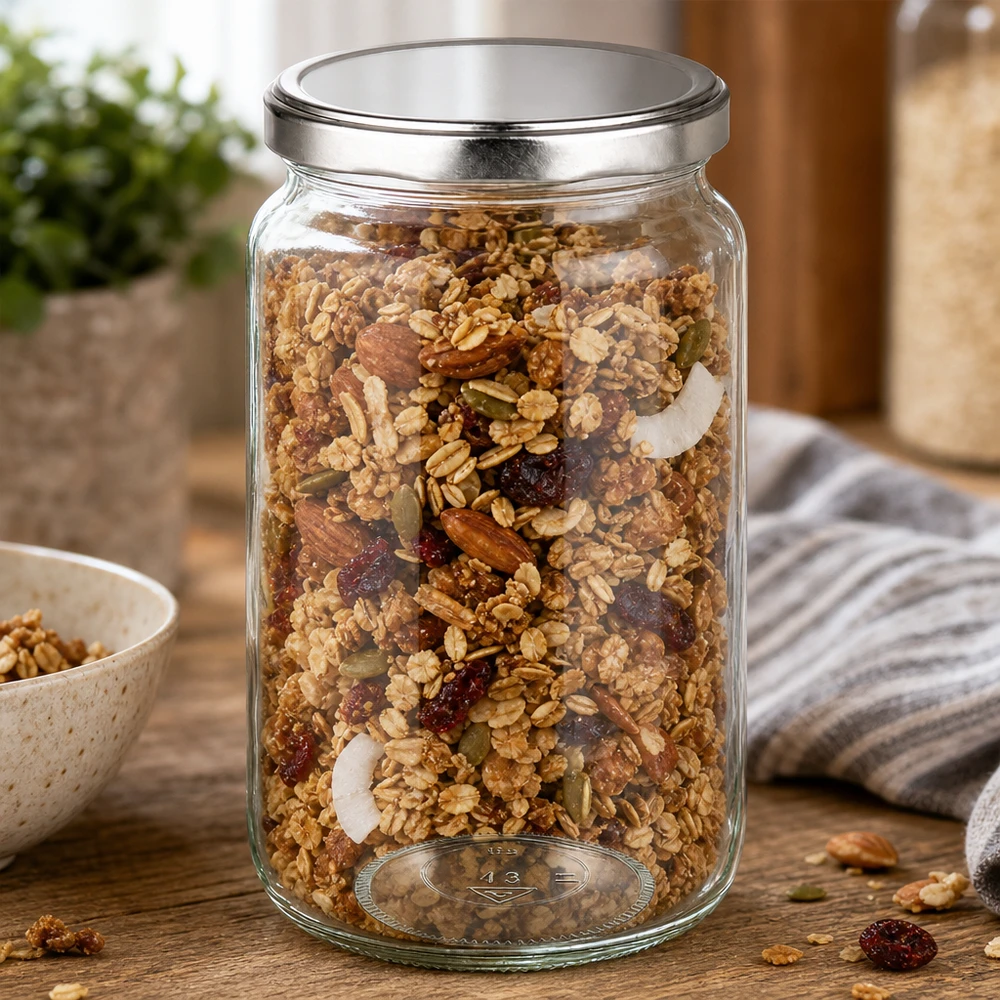 El tarro redondo de 795 ml lleno de muesli y frutos secos demuestra su utilidad práctica como tarro para almacenar alimentos