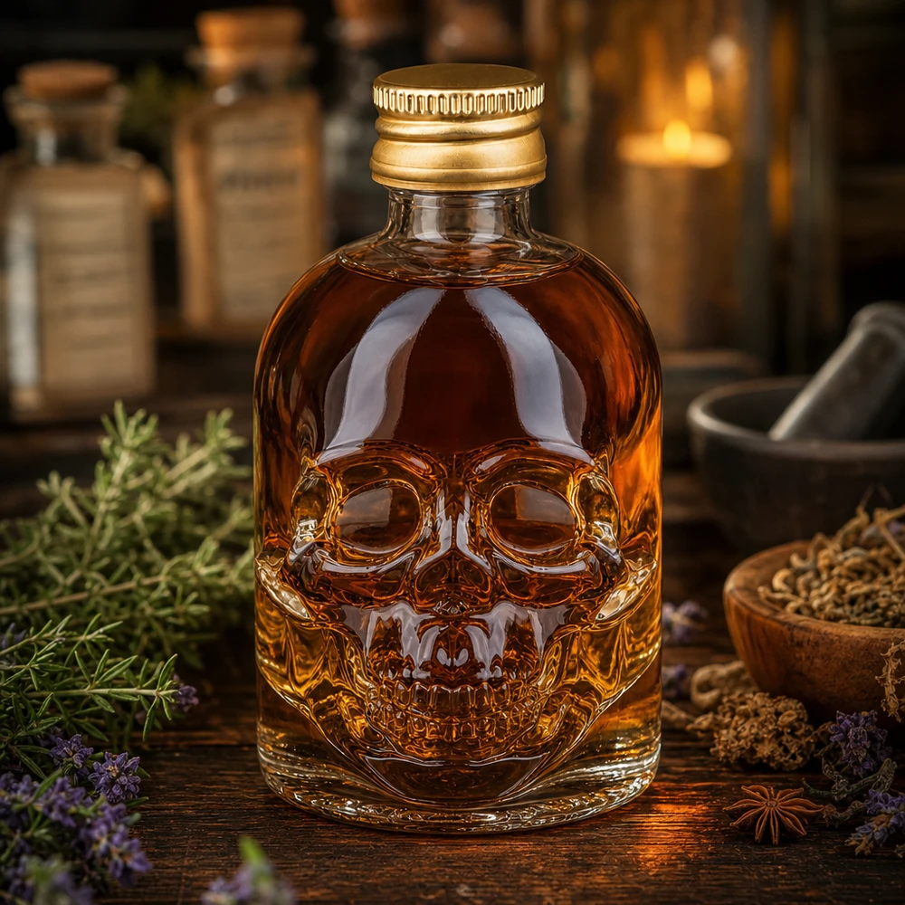 Frasco de cristal de 50 ml Hector diseño calavera con hierbas especias e iluminación ambiental tipo botica