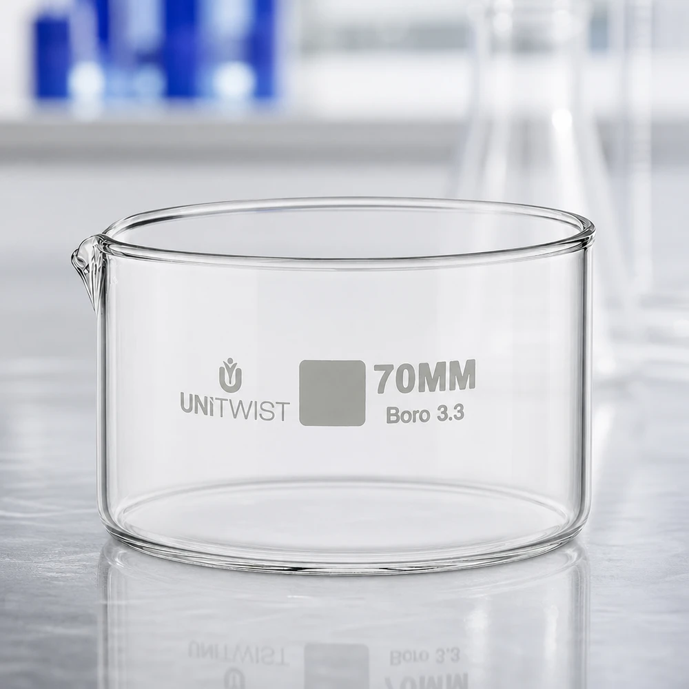 Plato cristalizador ø70mm vidrio borosilicato UNiTWIST Cubeta de cristalización vacía de 70 mm UNiTWIST, de vidrio borosilicato transparente 3.3 con pico vertedor, para uso en laboratorio