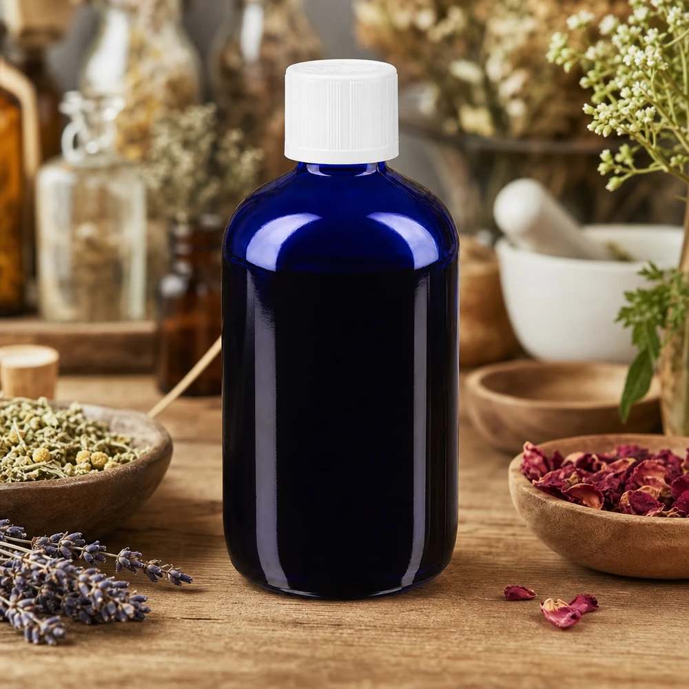 Frasco de farmacia azul de 100 ml con gotero, entre hierbas secas y flores