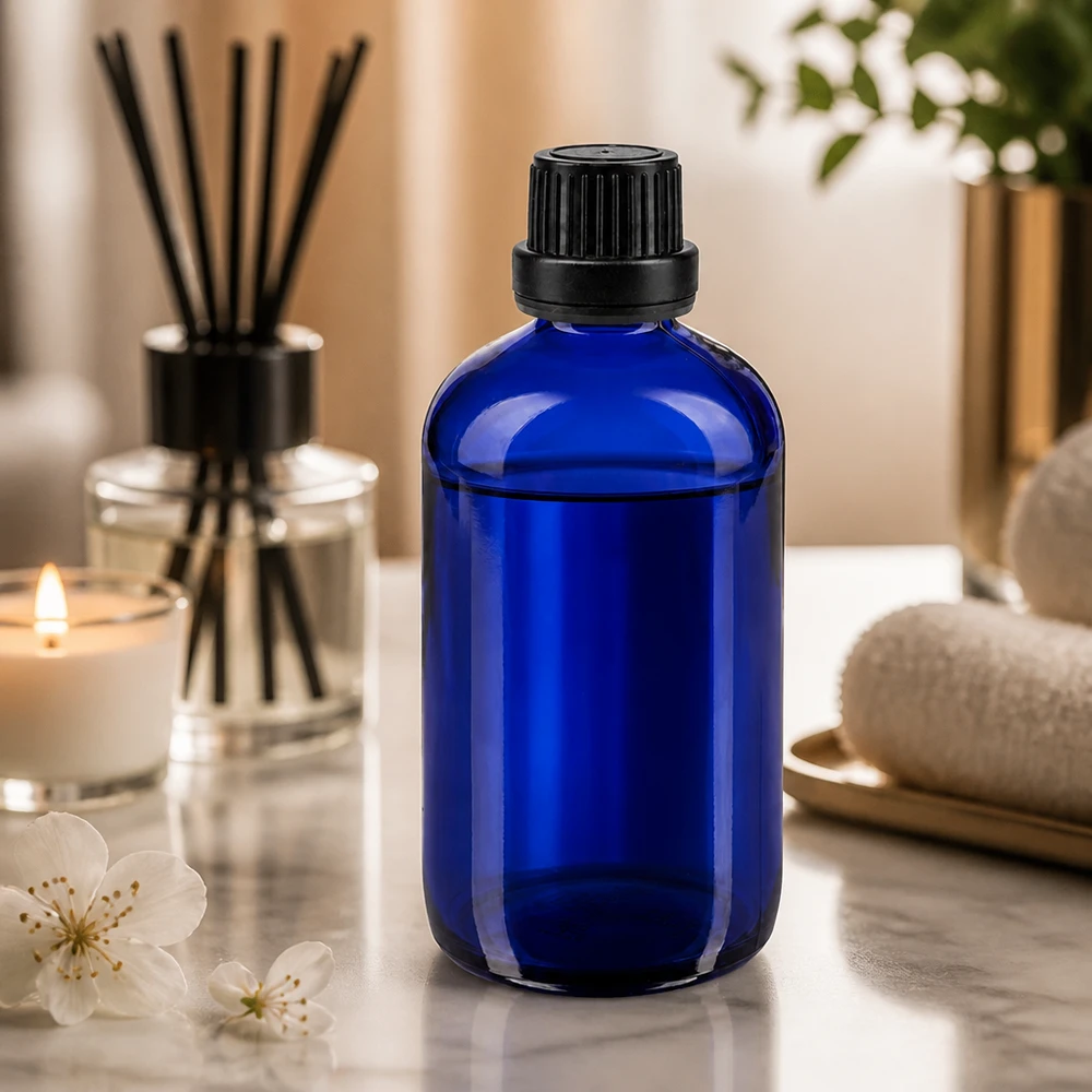 Frasco de farmacia azul cobalto de 100 ml con tapón de seguridad negro sobre fondo de mármol