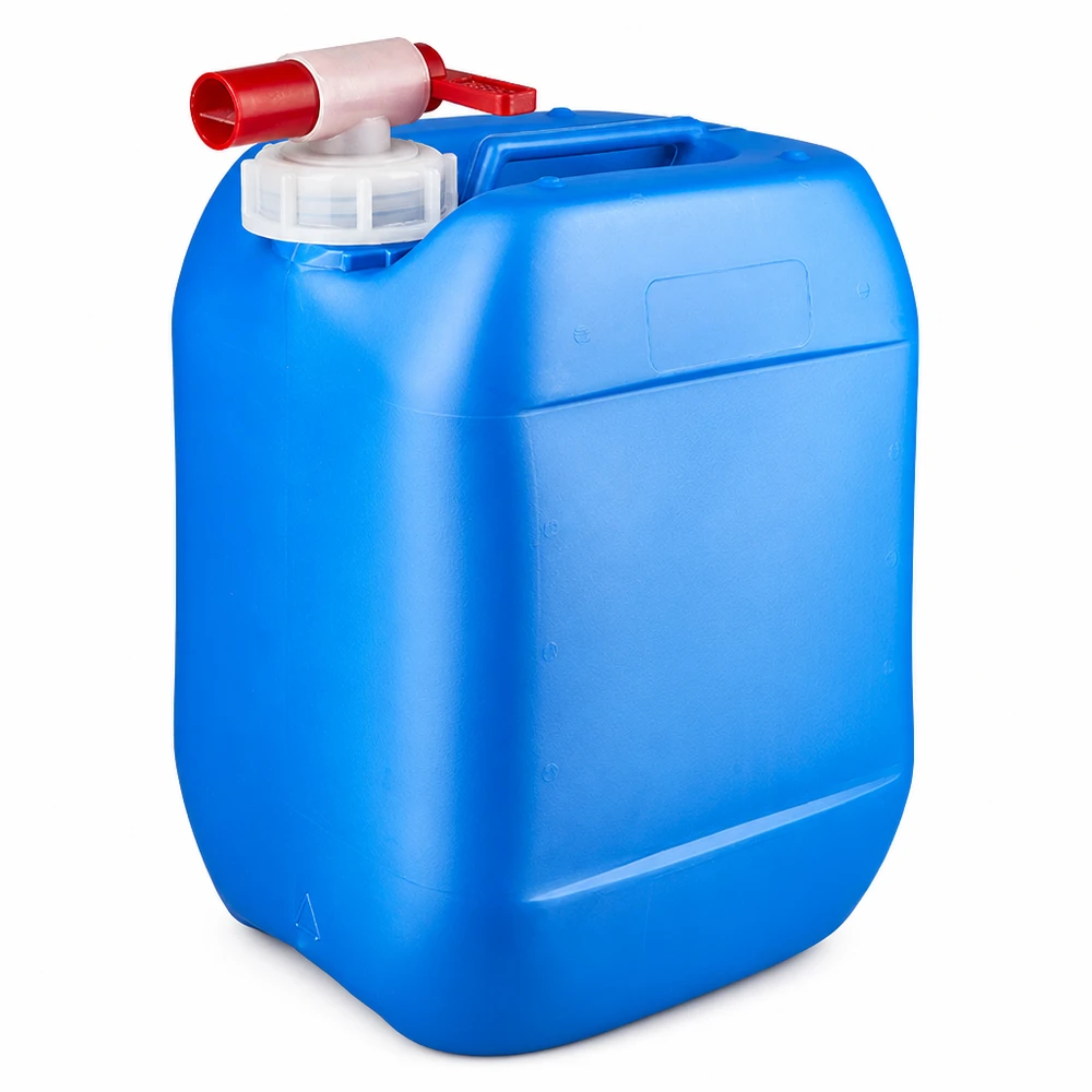 Bidón de plástico azul de 10 litros con grifo de salida rojo y tapón de rosca blanco