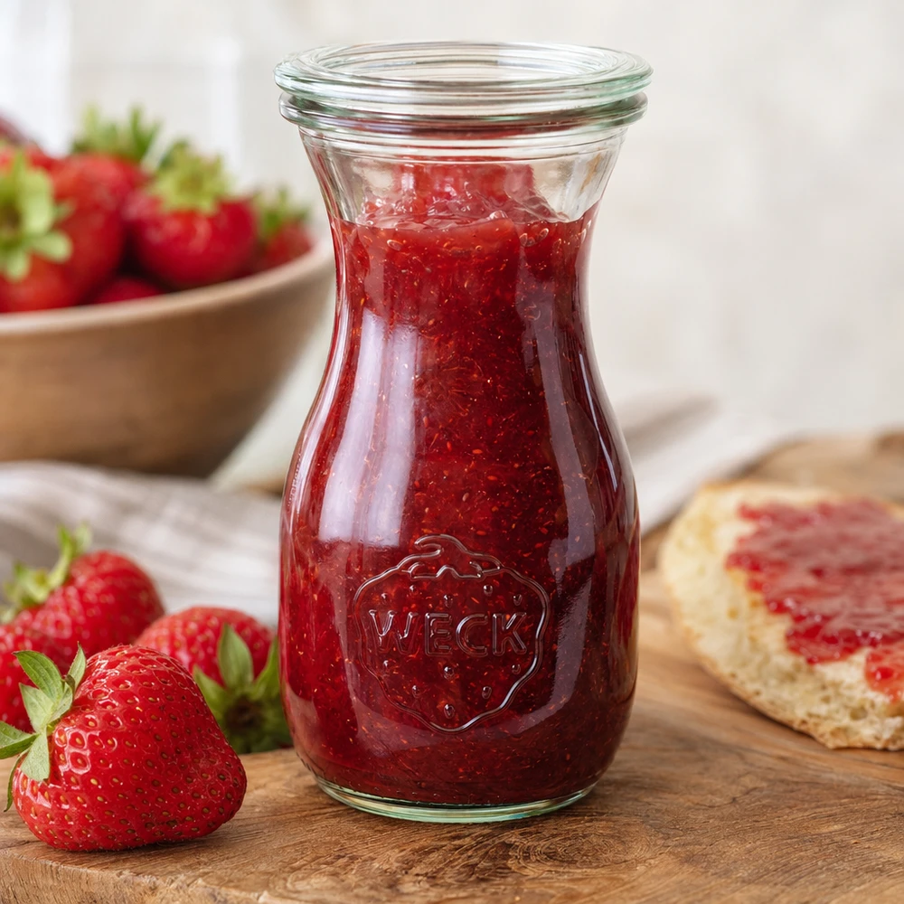 Botella de zumo WECK 290ml RR60 llena de mermelada de fresa roja junto a fresas frescas y pan sobre una tabla de madera