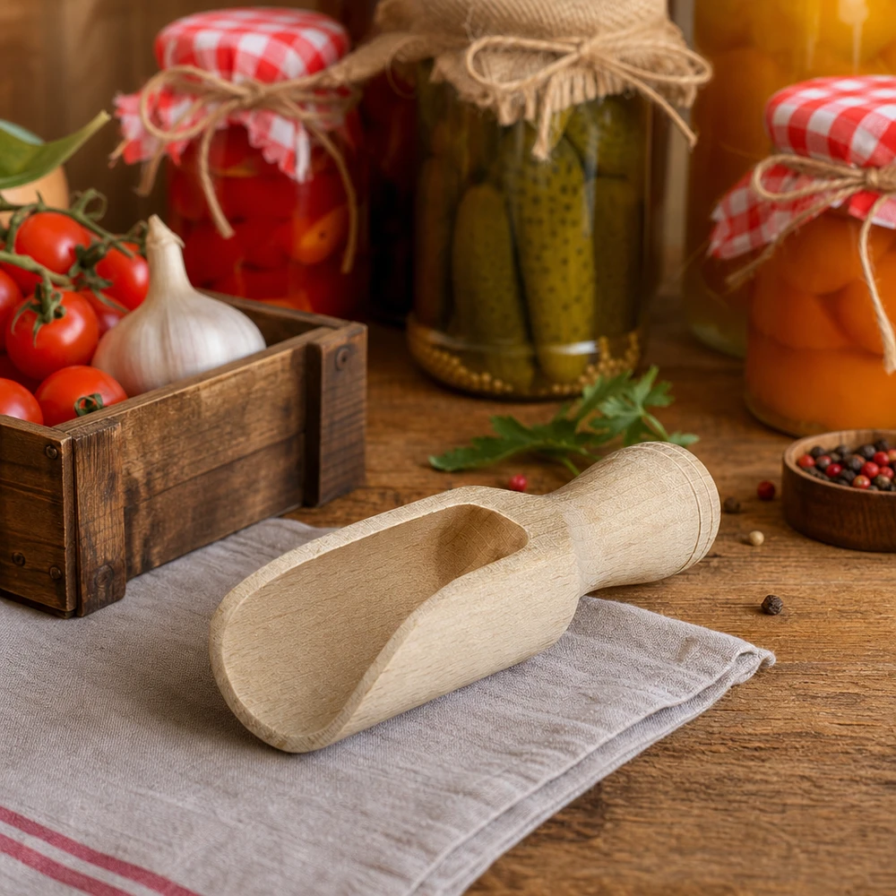 Pala de madera tamaño S forma semicircular - 75mm largo Pala pequeña de madera de haya de 7,5 cm en cocina rústica con verduras en escabeche y tomates frescos Ambiente Lifestyle