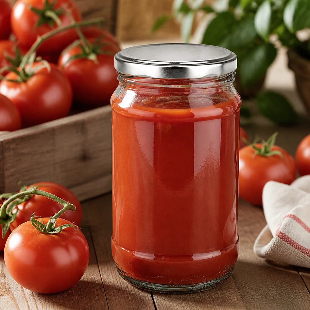 Tarro de conserva de 370 ml con tapa giratoria plateada, lleno de puré de tomate casero