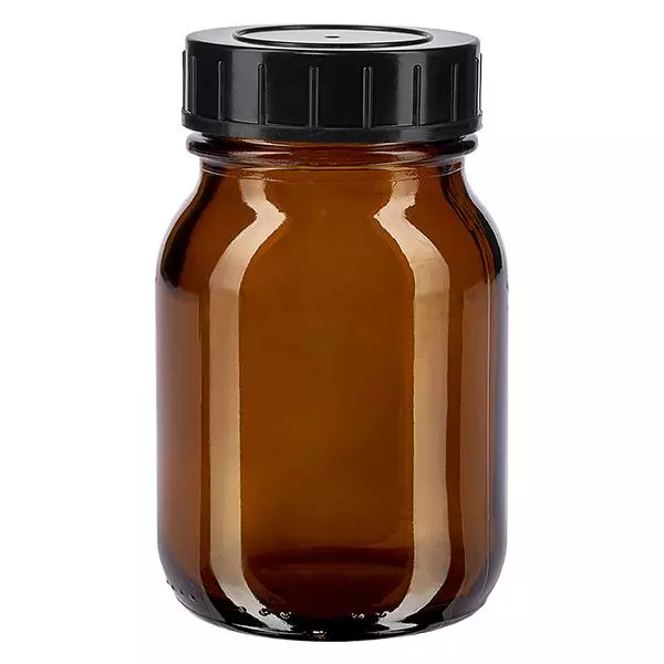 Botella de cuello ancho de 75 ml de vidrio ámbar con tapón de rosca negro para proteger el contenido.