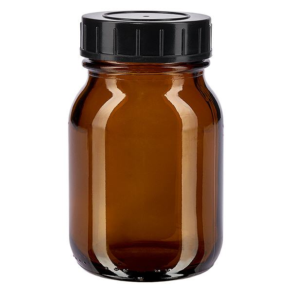 Botella de cuello ancho de 75ml de vidrio ámbar con tapón de rosca. Botella de cuello ancho de 75 ml de vidrio ámbar con tapón de rosca negro para proteger el contenido.