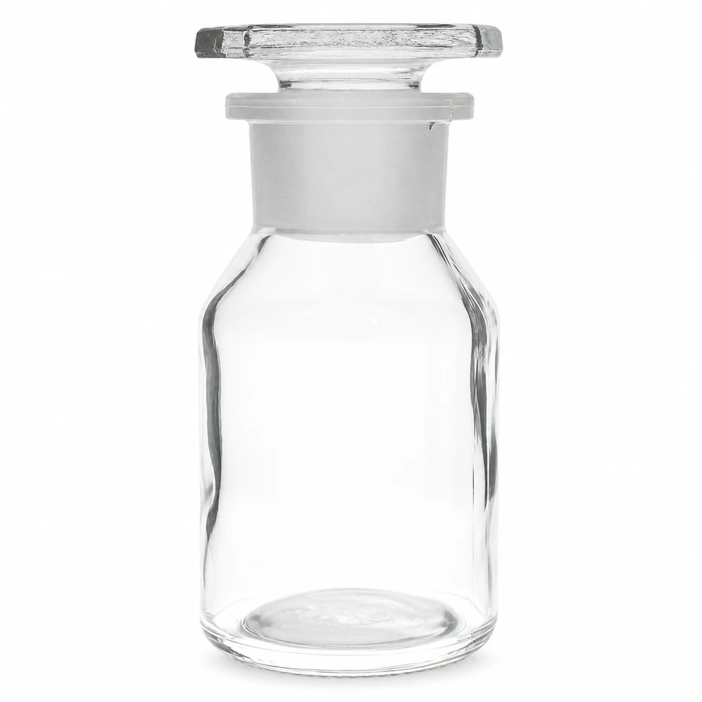 Frasco de cuello ancho y pecho pronunciado, de 50 ml, transparente, con tapón de vidrio tallado, para productos químicos de laboratorio