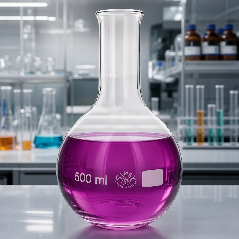 Frasco de pie de 500 ml y cuello estrecho con líquido violeta en un moderno entorno de laboratorio