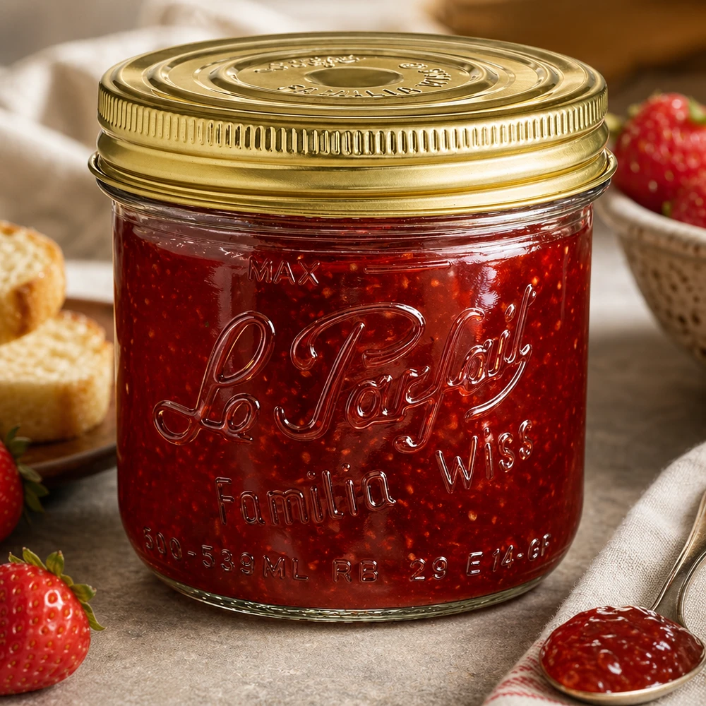 Le Parfait® Familia Wiss 500 g Ø100 mm tarro Tarro Familia Wiss de 539 ml con tapa dorada lleno de mermelada roja junto a fresas frescas y pan