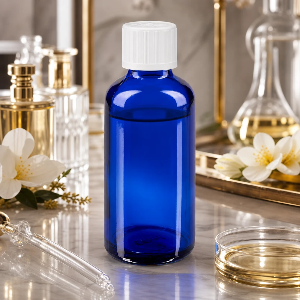 Frasco de cristal azul de 50 ml con tapón cuentagotas blanco sobre mármol, junto a un matraz de laboratorio y flores de jazmín