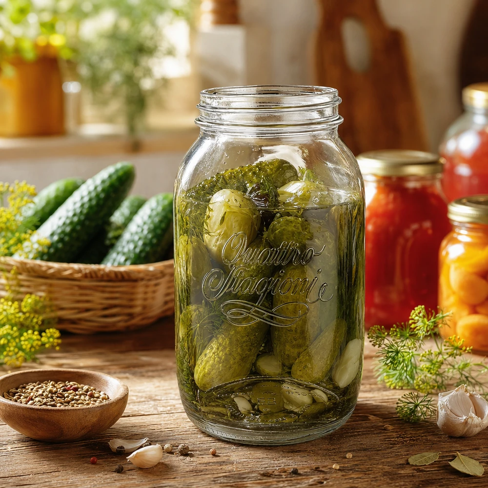 Vaso redondo 1500ml "Quattro Stagioni" QS86mm Tarro doméstico Quattro Stagioni de 1500 ml lleno de pepinillos en vinagre sobre una mesa de madera con ingredientes frescos