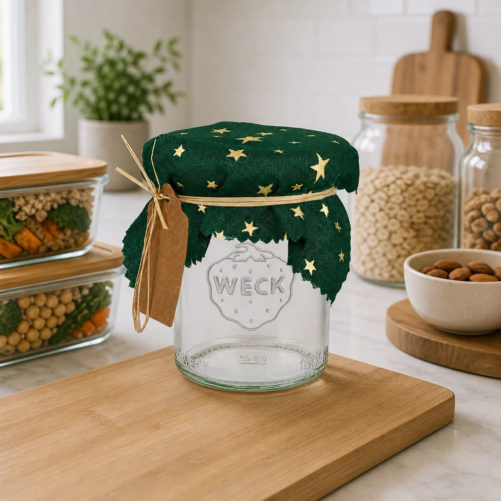 Alfombra de tela para bisutería "estrellas" verde 12cm cuadrado Grünes Sternen-Deckchen auf Holzbrett in Küche, dekorative Glasabdeckung 12cm eckig für Einmachgläser und Vorratsdosen