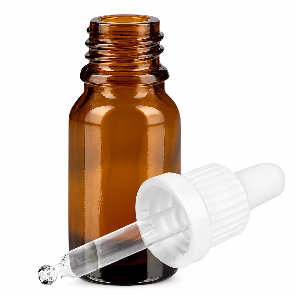 Frasco de vidrio marrón de 10 ml con pipeta y tapón blanco para uso en laboratorio y cosmética