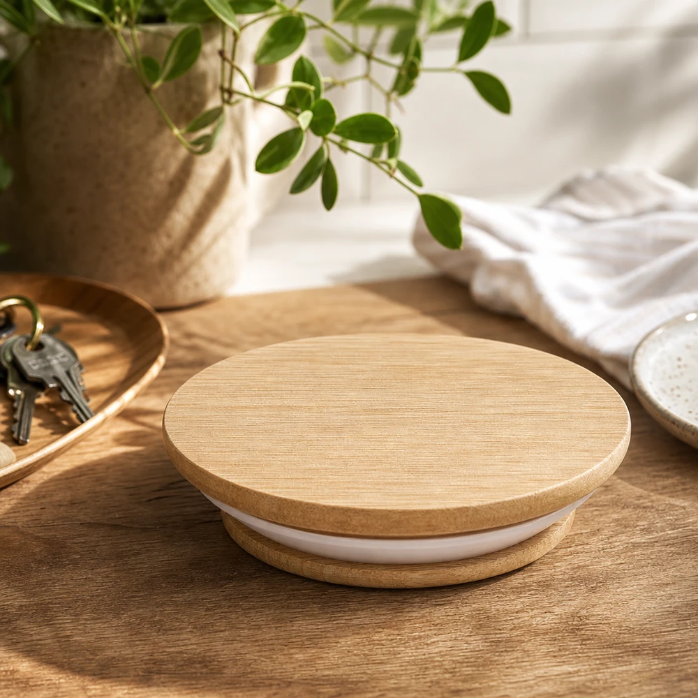 Tapa de madera WECK RR40 Roble sobre mesa de madera Ambiente de vida con planta y decoración natural living accesorios de cocina