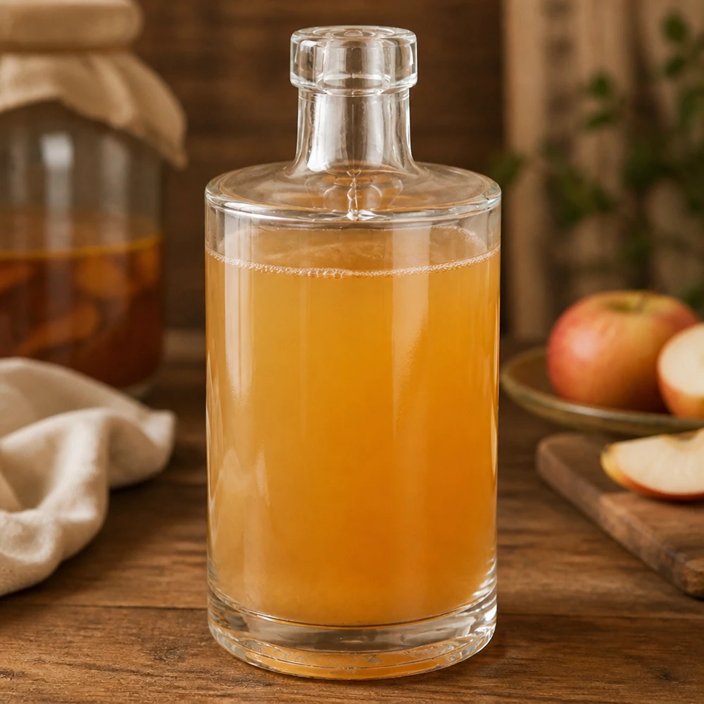 Botella de cristal de 350ml Marie llena de zumo de manzana decoración rústica manzanas frescas mesa de madera naturalidad Imagen 8 de 10