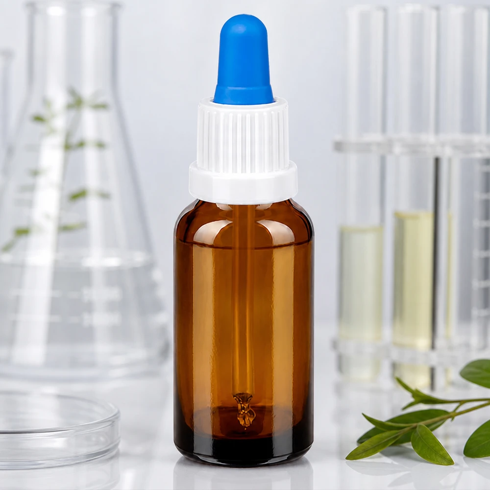 Frasco pipeta 20ml blanco/azul cierre inviolable BrownLine UT18/20 Frasco de pipeta compacto de 20 ml fabricado en vidrio ámbar con protección UV para una conservación óptima del producto