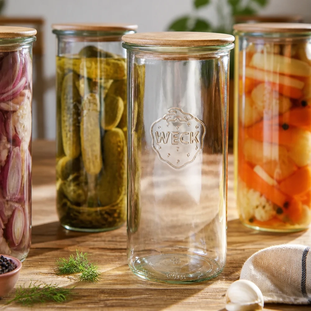 WECK RR100 1500ml tarro de cristal con tapa de madera entre verduras en escabeche sobre una mesa de madera escena de cocina rústica