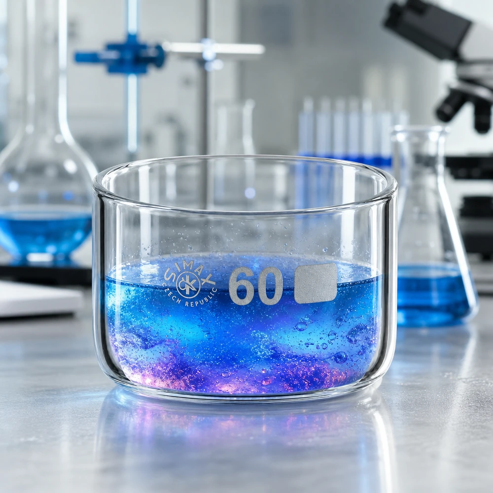 Cubeta de cristalización de 60 mm de diámetro y 60 ml de capacidad con líquido de reacción de color azul violeta sobre una mesa de laboratorio