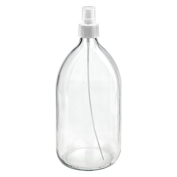 Frasco medicamento 1000ml transparente, con bomba atomizadora blanco ApoGlas Frasco medicamento 1000ml transparente, con bomba atomizadora blanco ApoGlas