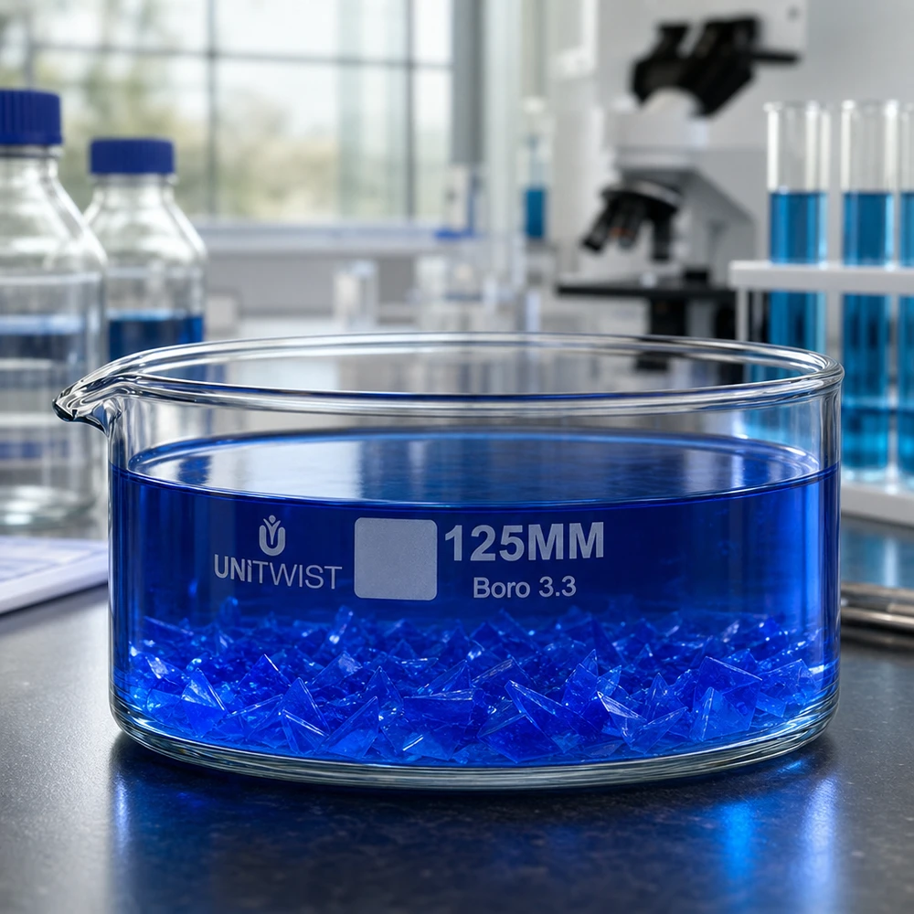 Cristalizador ø125mm vidrio borosilicato UNiTWIST Cubeta de cristalización de 125 mm UNiTWIST Boro 3.3 con cristales azules en solución azul. Vista de laboratorio