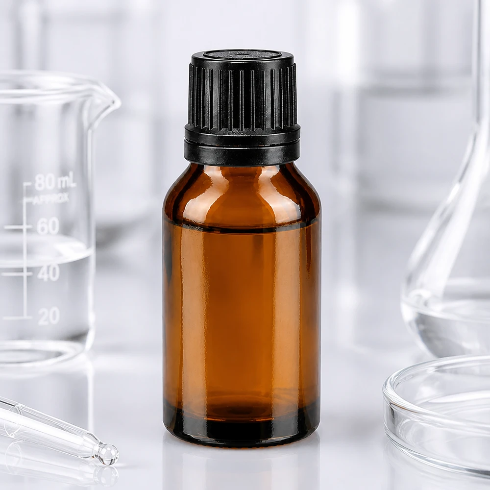 Botella de farmacia marrón 15ml tapón cuentagotas anillo vertedor 1mm negro cierre inviolable Frasco de farmacia de 15 ml de vidrio ámbar con tapón cuentagotas negro y abertura de precisión de 1 mm para uso en laboratorio