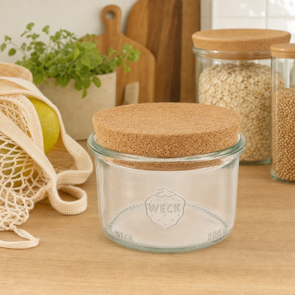 Vasos de 200ml WECK RR80 con corcho natural WECK 200ml RR80 mason jar con tapa de corcho en cocina sostenible de residuo cero entre tarros de almacenaje y bolsas de yute