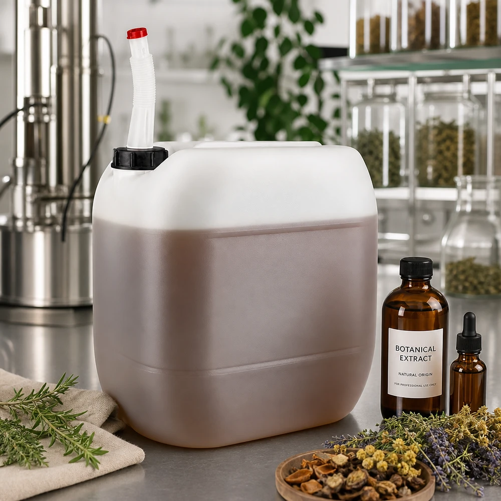 Extracto botánico en bidón de 30 litros con tubo de salida flexible para la elaboración de cosméticos naturales